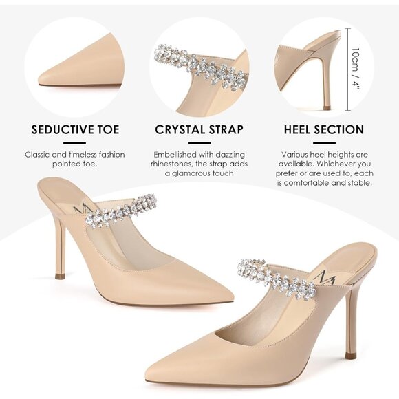 Women's Heeled Mules Rhinestone Strappy Pointed Toe Mules Stiletto High Heels - Picture 5 of 8